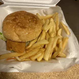 Flounder sandwich and fries