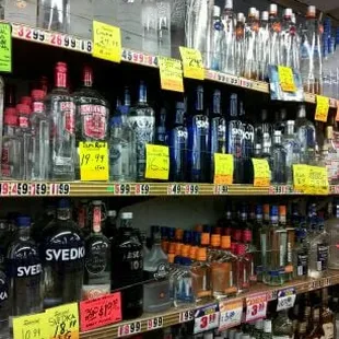 a variety of bottles on shelves