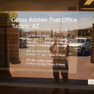 The hours. Lobby for self-serve and PO Boxes open 24/7.