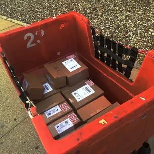 Had so many packages to send out that it was easier to just get a cart to bring them in.