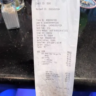 a receipt for the restaurant