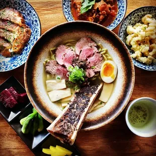 Beef broth ramen with bone marrow, gyoza, crispy mushrooms, ox tail and veggie trio, with some green tea ^_^