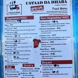 Ustaad da Dhaba menu