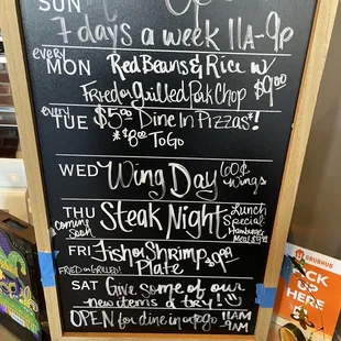 Menu of weekly specials