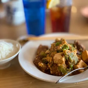 Chanpuru Goya ( Bitter melon with Shoyu Pork, scrambled eggs, &amp; Tofu. My favorite