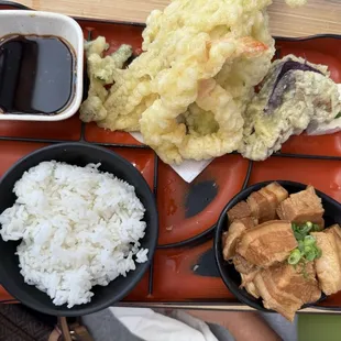 Shoyu pork and tempura veggie and a shrimp. It&apos;s their special