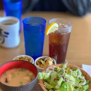 Complete Meal get Miso soup or salad. Drink. Dessert.