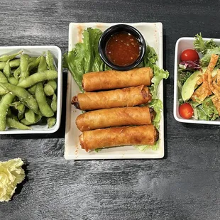 Vegan Egg Rolls, Edamame, House Salads