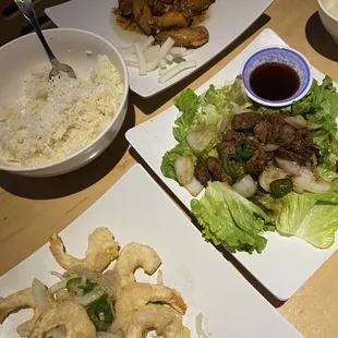 Pepper and Salted Shrimp, Diced Beef Stir-fried, Deep-Fried Chicken Wings with Fish Sauce, Garlic, and Chilies