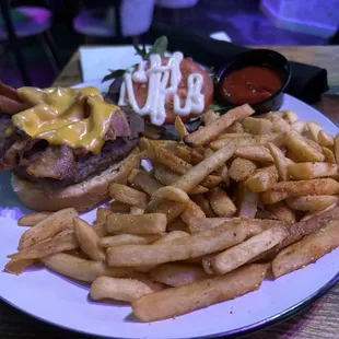 Bacon cheeseburger and fries