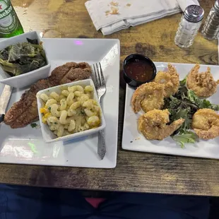 Fried fish and shrimp with collard greens and mashed potatoes