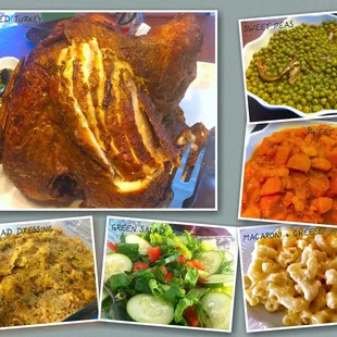 Thanksgiving is right around the corner!  Fried turkey, sweet peas, sweet potatoes, green,salad, cornbread dressing and macaroni and cheese.