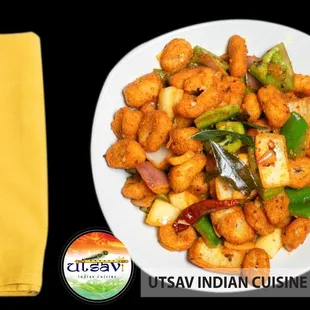 Calamari Cochin (Crispy calamari, stir-fried with onion, bell pepper, and garlic.) UTSAV INDIAN CUISINE PHILADELPHIA