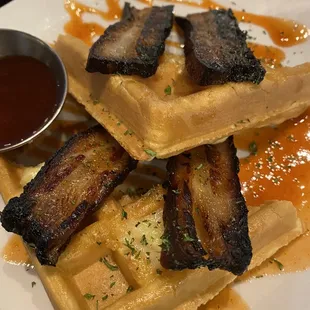 Pork belly over waffles.