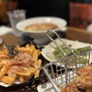 Dashi Wa-Dashi Potato Fries, Chicken Karaage, Shishito Tempura, Spicy Uzumakiya Udon