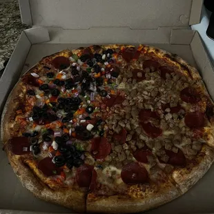 Bad lighting but this half and half pizza was a vibe