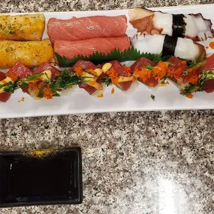 Seared Escarole, Bluefin Tuna &amp; Hamashi/Yellowtail sushi. Spicy Bluefin Tuna Roll