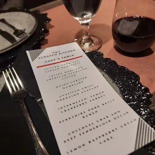 Menu for the November Chef's Table