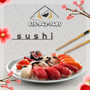 a plate of sushi with chopsticks