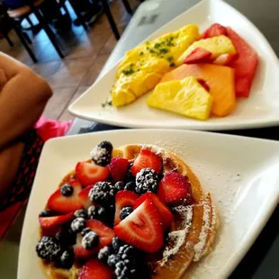 Waffles with omlette and fruit... heaven