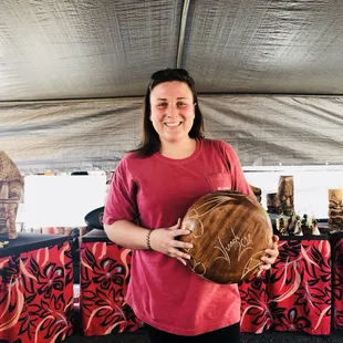Monkey pod Bowl w/flower &amp; turtles