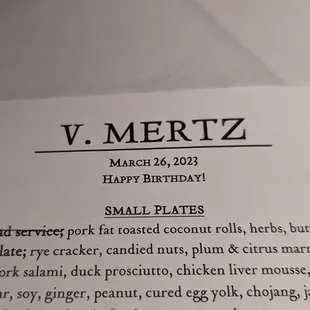 A Happy Birthday greeting from the staff at V Mertz.