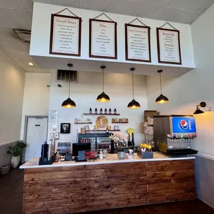 a view of a restaurant counter