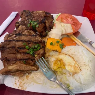 Number 37 Pork Chop with Rice and fried egg and meat patty. I had to take a few bites before posting