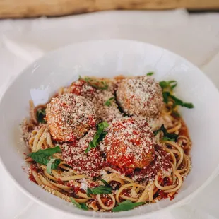 Linguine &amp; Meatballs - our all natural meatballs and San Marzano tomatoes over a big bowl of linguine pasta!