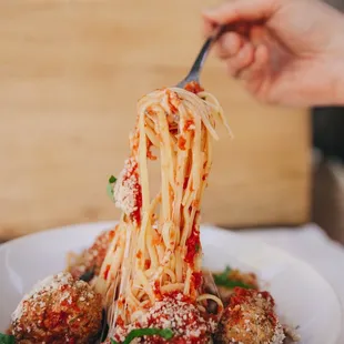 Linguine &amp; Meatballs - our all natural meatballs and San Marzano tomatoes over a big bowl of linguine pasta!