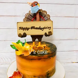 3D turkey  is made out of fondant and chocolate, leaves, sign are edible