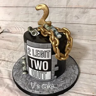 Fondant birthday cake, chains, label, money bills  and number are edible.