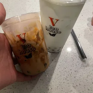 Brown sugar milk tea and honeydew green tea