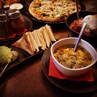 Flatbread Florentine, meatballs, wedding soup and hummus.