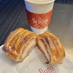 My breakfast. Hazelnut latte and a ham &amp; cheese croissant.