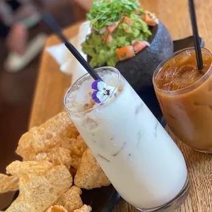 Horchata con nuez, lavander iced coffee and guacamole with pork rinds