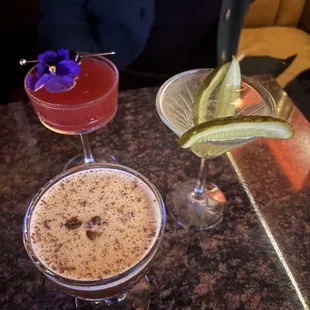 Cherry French 75, pickle martini and coconut espresso martini