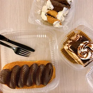 Giant giant eclair (salted caramel chocolate icing topping kinda thing and feeds family of 6), tiramisu and lastly mini cannolis