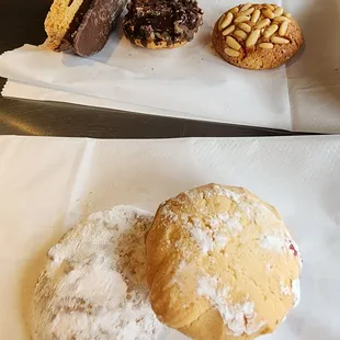 Italian wedding cookie, raspberry filled, pignoli, salted caramel, and chocolate covered biscotti