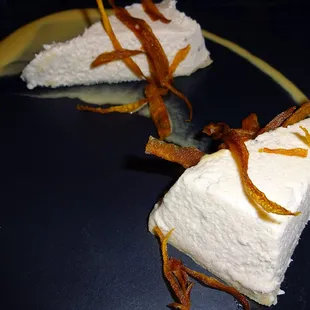 STRAWBERRY RHUBARB CHEESECAKE with Crisp Spring Carrot, Balsamic Anglaise