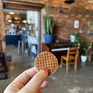 a hand holding a waffle