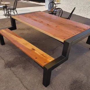 a wooden table and benches