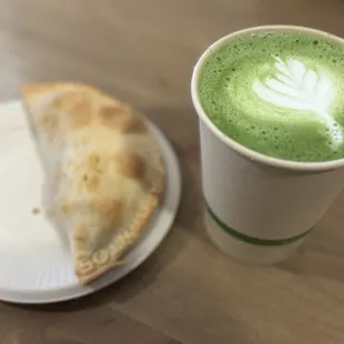 Chicken empanadas and matcha latte