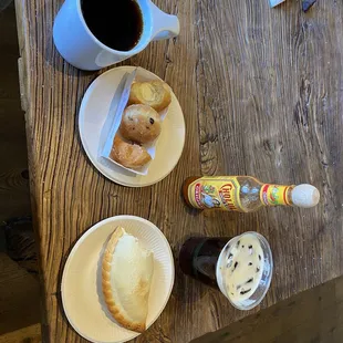 Breakfast empanada, beignets, pour over, cold brew