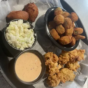 Fried oysters lunch with fried okra