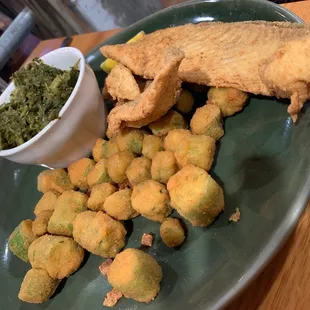 Fried Okra fried flounder collards