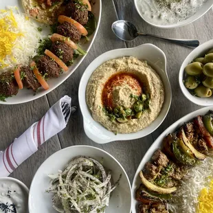 Felafel plate, Hummus, Cucumber yogurt, Green Olives, Filet Shish Kebob, Shallot yogurt.