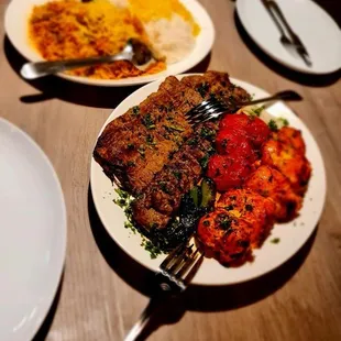 Saffron rice barg kabob, koobideh kabob, and juicy chicken kabob