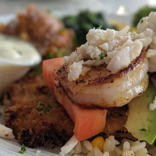 My pan-seared red snapper with shrimp crab meat avocado on a freaking bed rice. Shrimp could have been cooked a little longer.