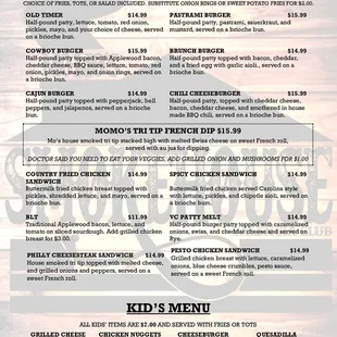 the menu for the burgers and sandwiches